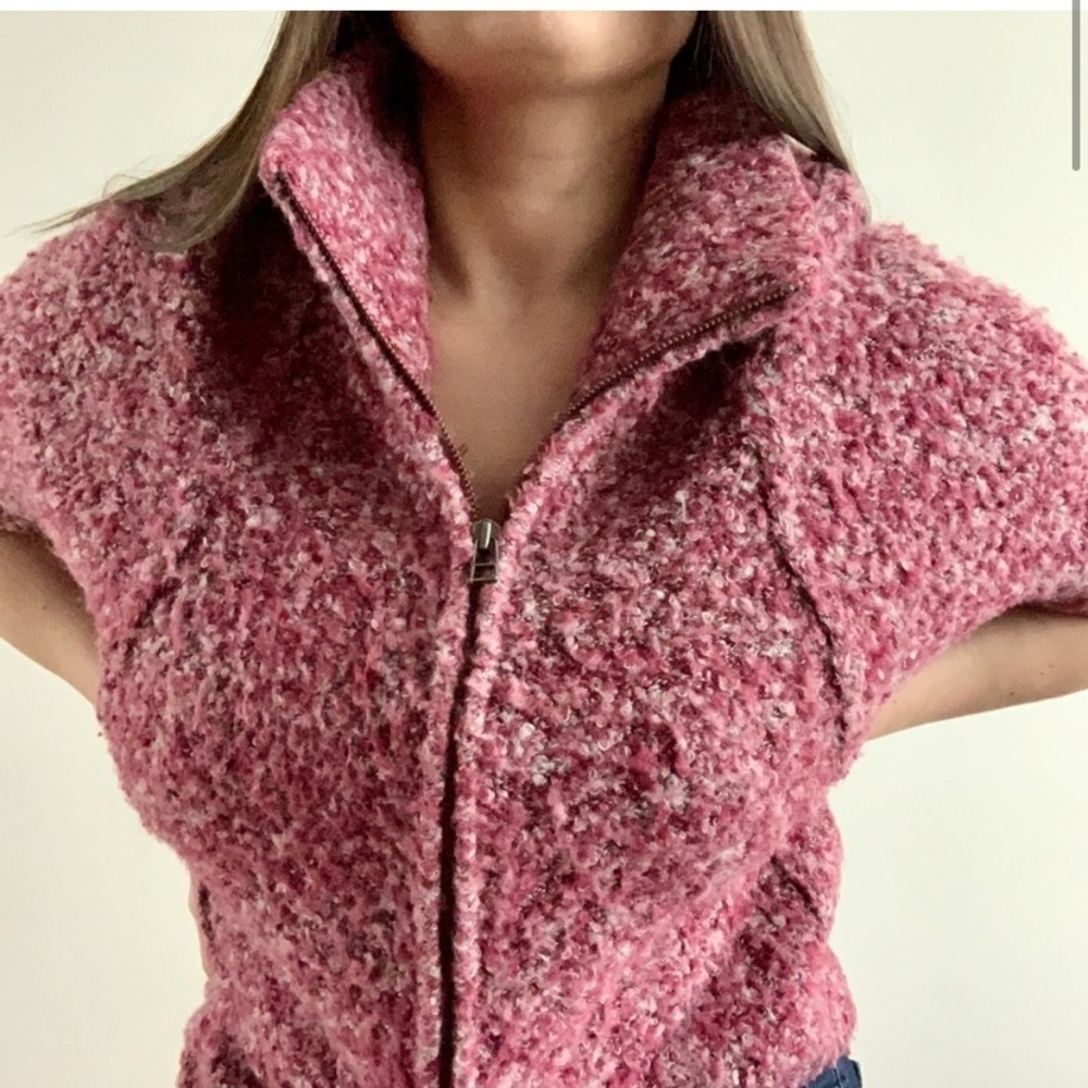 𝅺unique Mohair Knit Short Sleeve Zip Up Stretch Baggy Sweater Cardigan Coat - Picture 3 of 13
